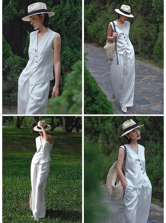 An irregular V-neck casual white vest with a breathable linen design