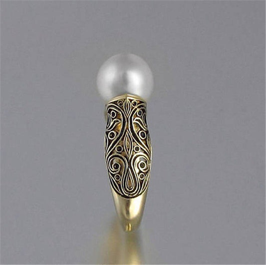 14K Gold-Plated Retro Pearl Ring ? Inlaid Faux ABS Pearl Silver Jewelry
