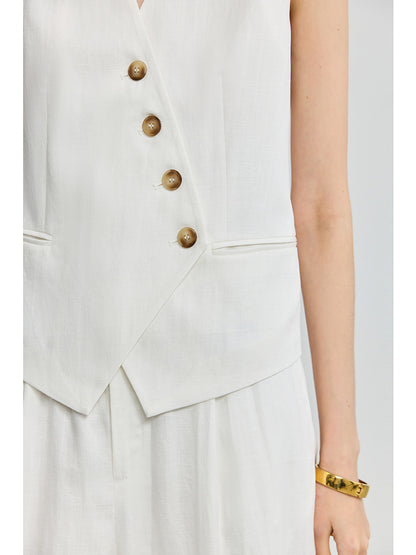 An irregular V-neck casual white vest with a breathable linen design